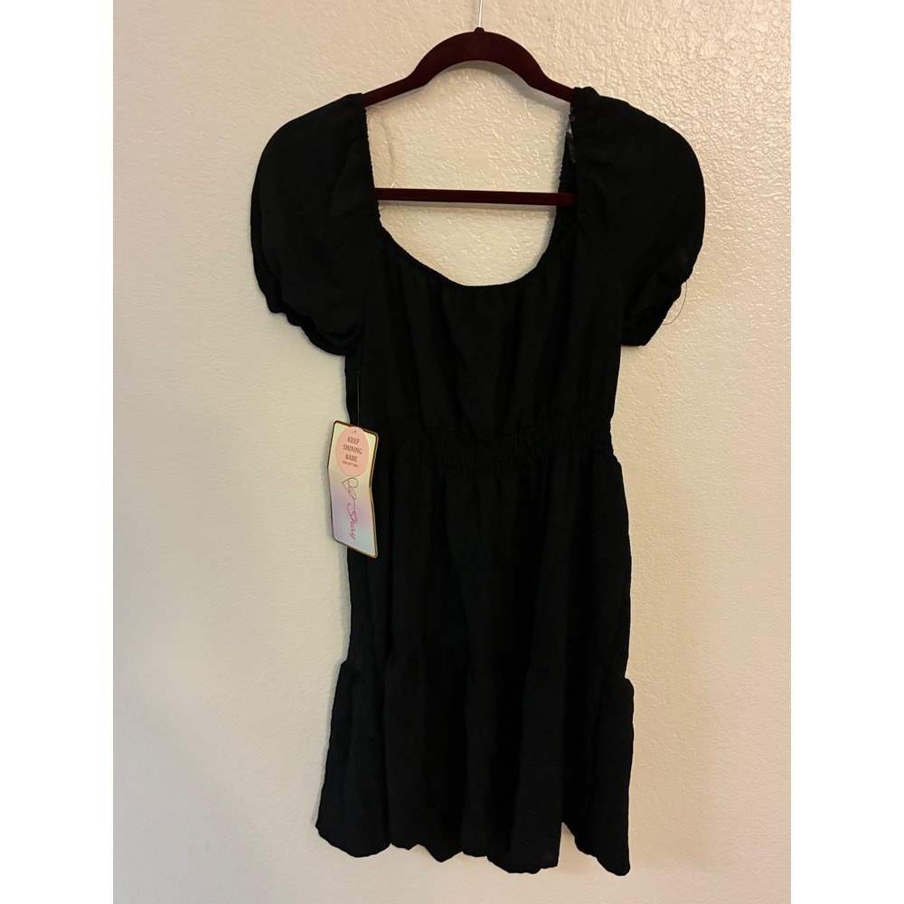 Coco and Sky Black Puff Sleeve Mini Dress Smocked Waist Tiered Ruffle 3RD3280 L